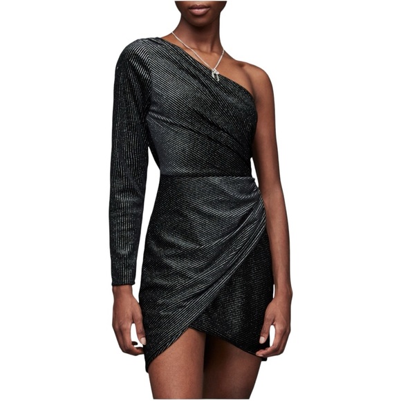 AllSaints Ezra Sparkle One-Shoulder Minidress in Black Size US 10 - Picture 12 of 13
